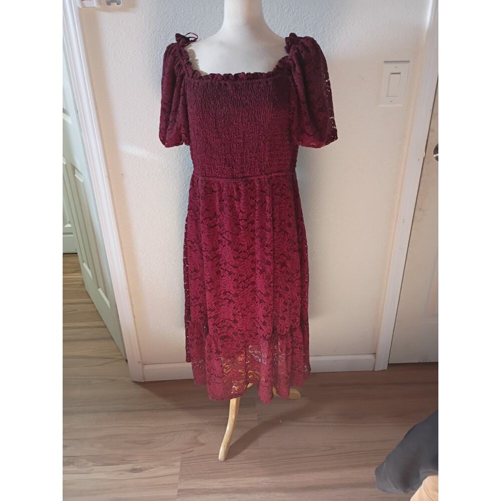 LC Lauren Conrad smocked midi dress burgundy XXL Short Puff Sleeves Boho NWOT